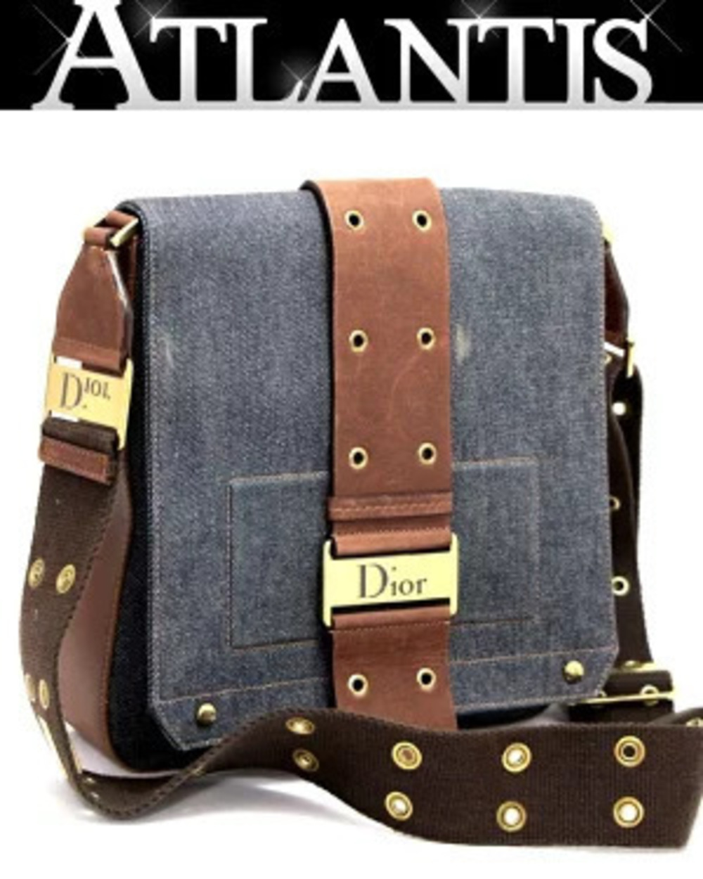 Christian Dior Street Shoulder Bag Denim x Leather Navy Blue Brown